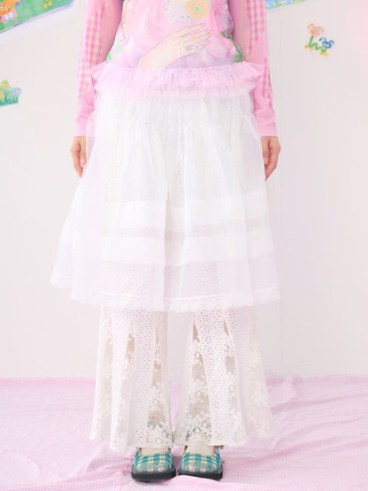 Spliced Lace White Gauze Skirt