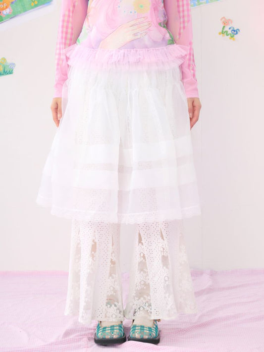 Spliced Lace White Gauze Skirt