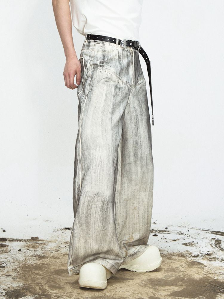 Stained Brushed Colour Straight Wide Leg Jeans