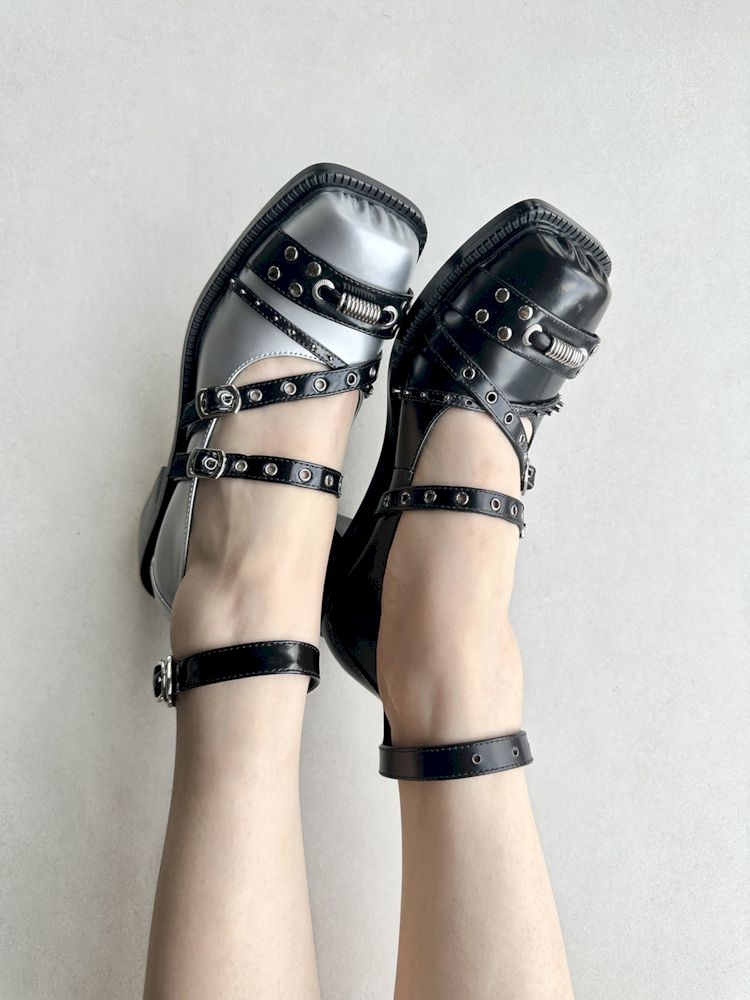 Black Punk Pig Nose Square Toe Studded Mary Jane Single Shoes