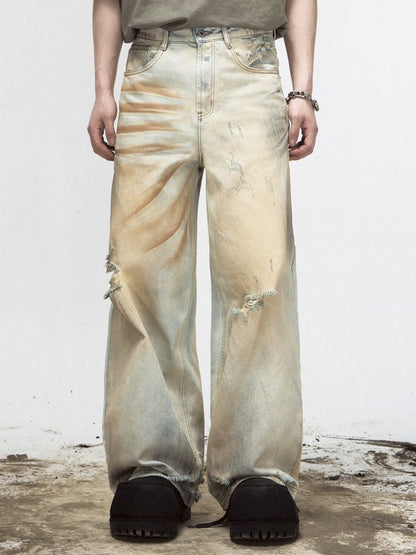 Yellow mud dyed washed and old worn holes straight jeans