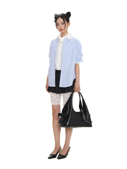 Stripe Embroidery Label Lapel Tie Short Sleeve Shirt