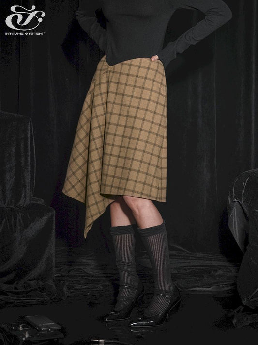 Half Tweed Draped Elegant Plaid Skirt