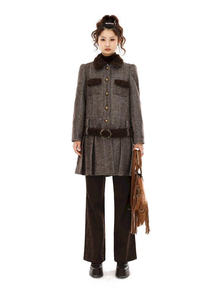 Tweed Single Breasted Coat Jacket Pleated Skirt