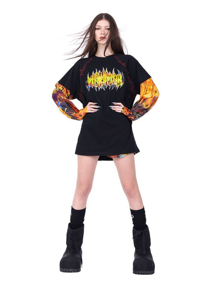 Flame Cat Concept Genderless Loose Street Patchwork Sleeve T