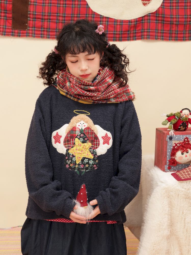 Girly Cherub Appliqued Plush Tibetan Blue Sweater