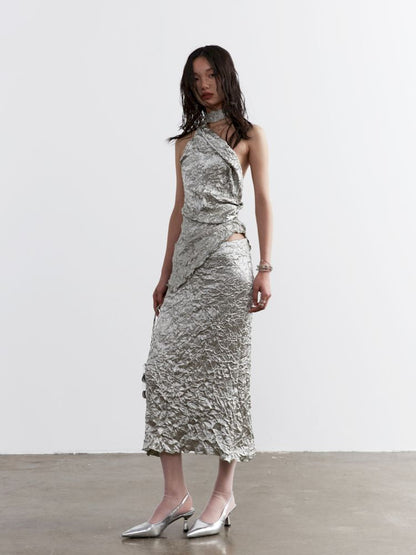 Metallic Satin Crinkle Textured Two-Piece Dress