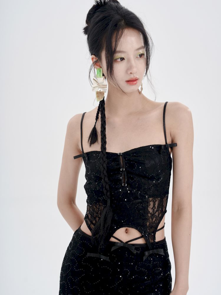 Black Lace Camisole + Low Waist Lace Half Skirt Set