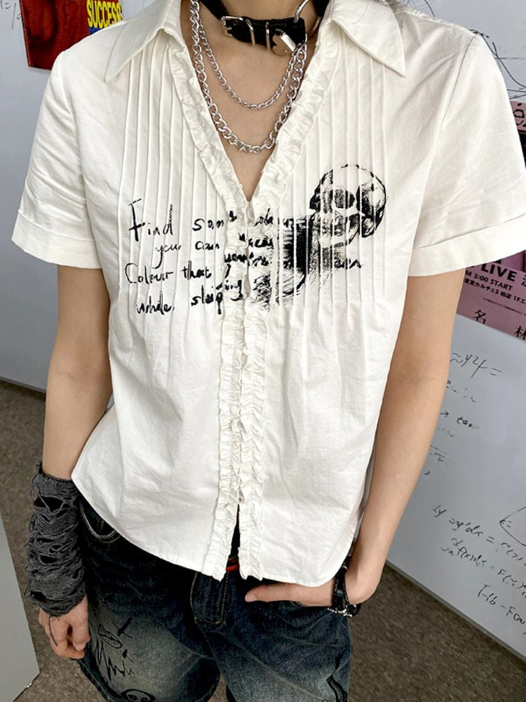 Printed Pinch Pleat Positive Shoulder Short Sleeve Shirt