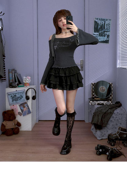 Bow strapless long-sleeved T-shirt