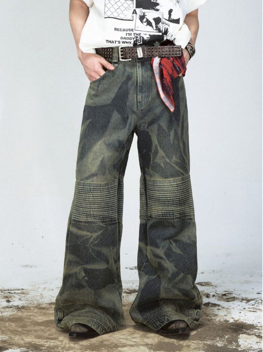 Dirty Dye Frayed Spliced Wide Leg Jeans