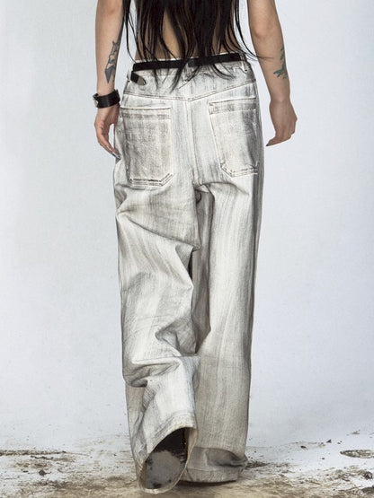 Stained Brushed Colour Straight Wide Leg Jeans