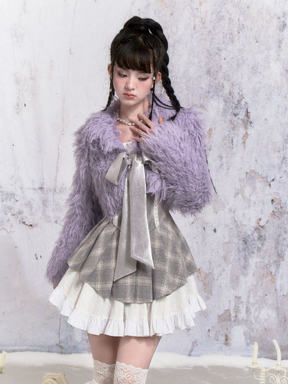 Purple Fox Fur Bow Shoulder Jacket