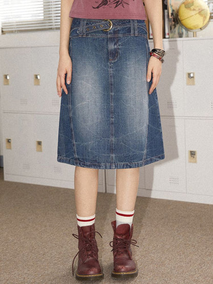 Old washed denim bustier thin A-line skirt