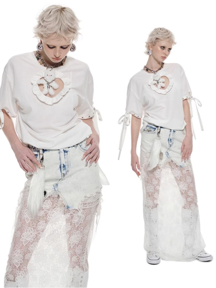 French Lace Splicing Denim Long Skirt