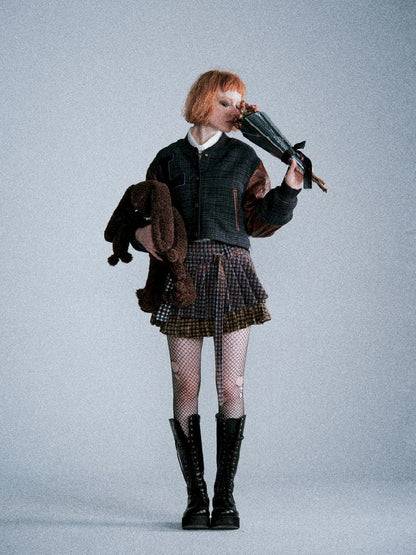 Three-color plaid splicing pleated skirt