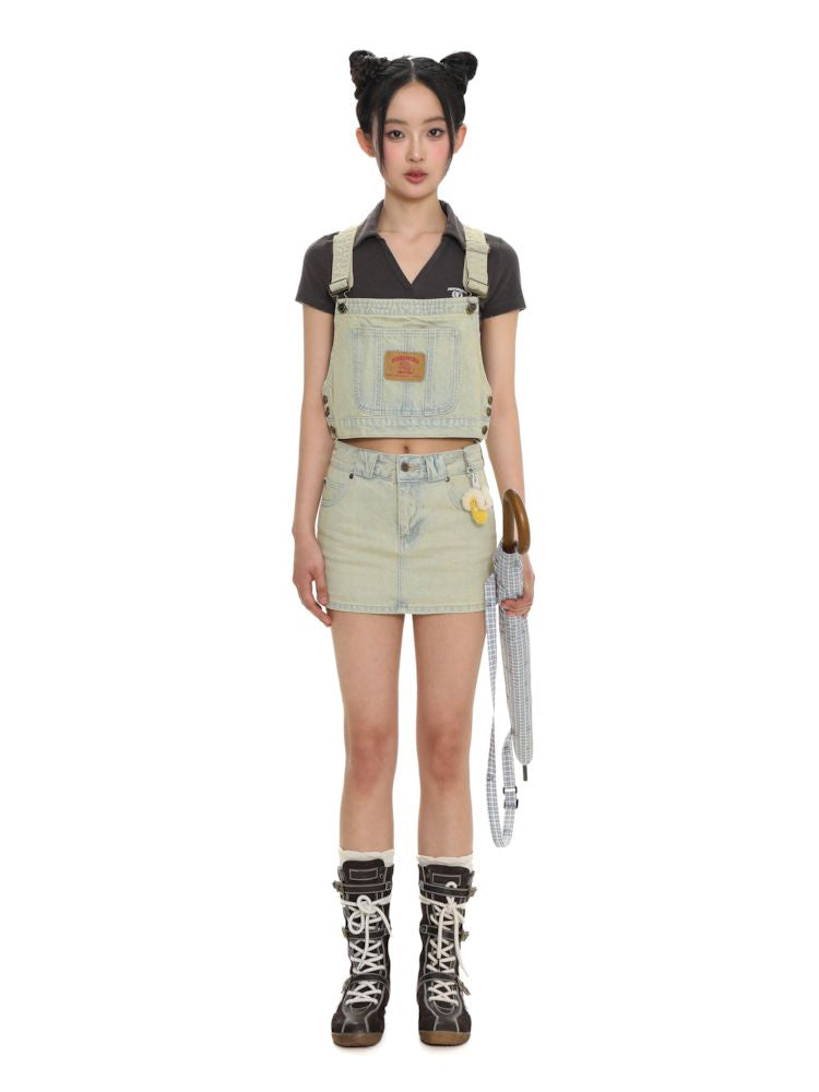 Cowhide Label Short Vest Sleeveless Denim Top