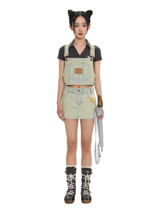 Cowhide Label Short Vest Sleeveless Denim Top