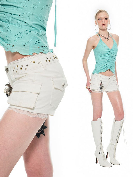 Studded Workwear Low Waisted Hipster Proportionate Shorts