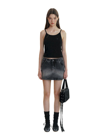 Gradient Spray Horsebit Worn Tie Flower Denim Short Skirt