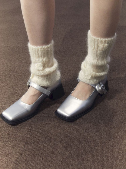 Silver Camellia Square Toe Mary Jane Leather Shoes