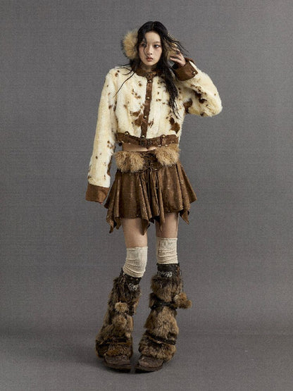 Patchwork collar short fur coat