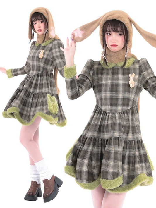 Bunny Doll Green Brown Plaid Petal Dress