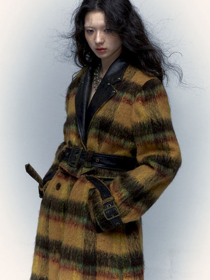 Reversible plaid patchwork leather trench coat