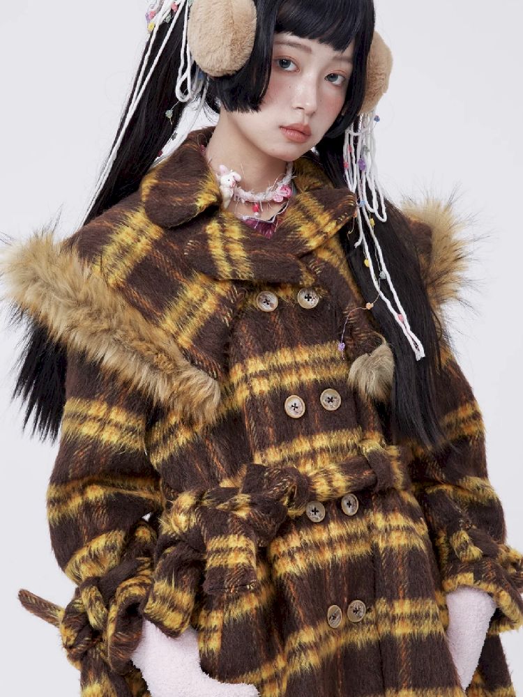 Yellow Plaid Tweed Thick Coat