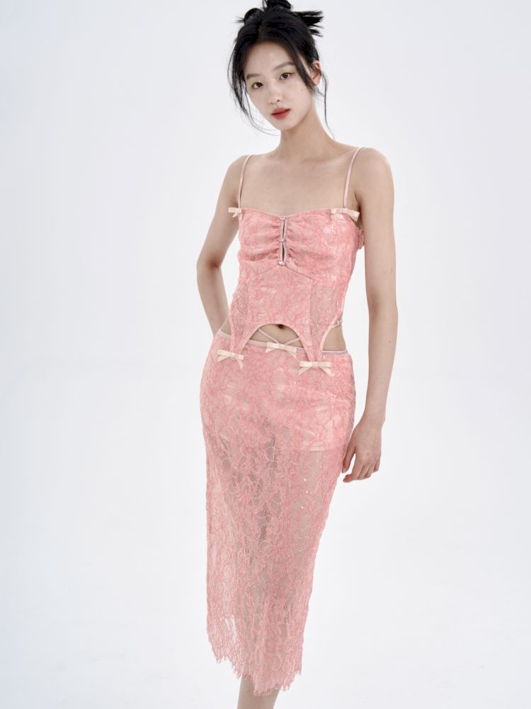 Peach Lace Camisole + Low Waist Lace Half Skirt Set