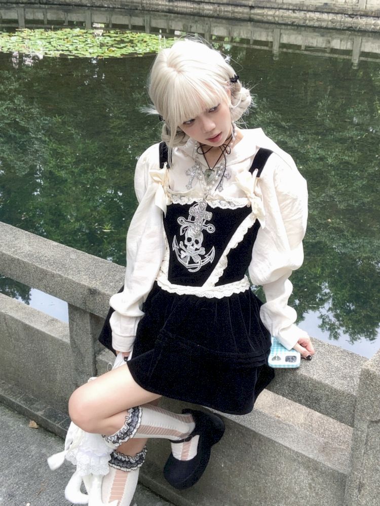 Skull Embroidered Fishbone Poncho Dress