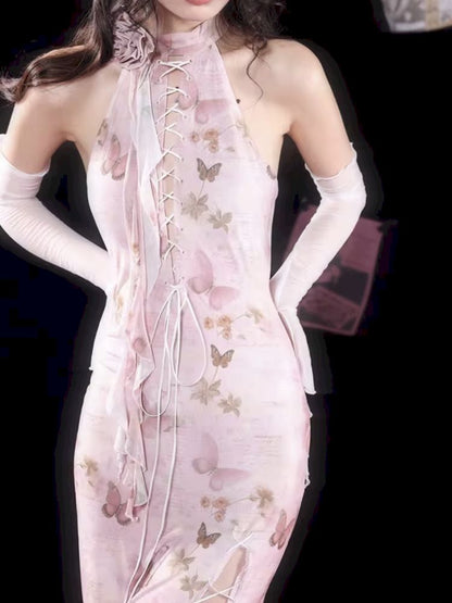 Butterfly Print Slit Tie Long Pink Cheongsam Dress