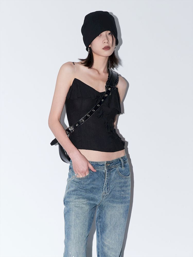 Beaded Transparent Straps Black V-Neck Camisole