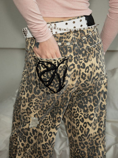 Leopard Print Canvas Wide Leg Pants