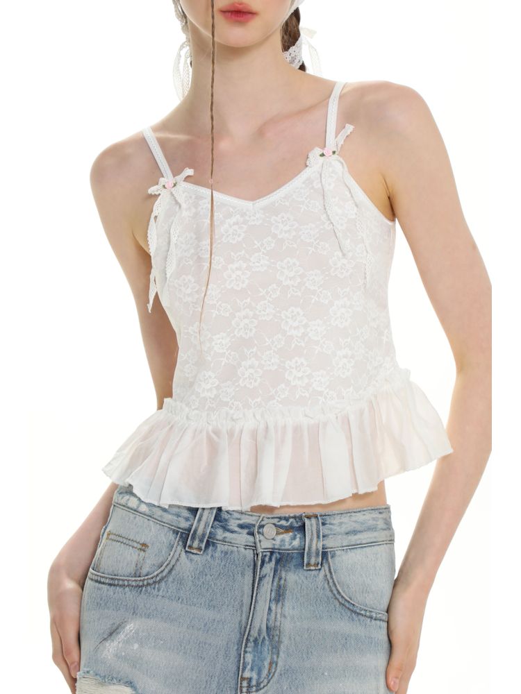 Romantic Crochet Lace Bow Flower Camisole