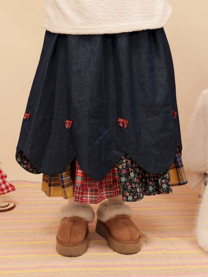 Petal Ribbon Quilted Denim Half-body Skirt