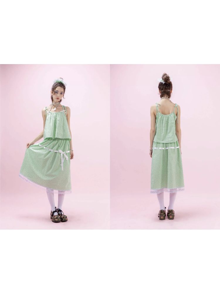 Green Lace Ribbon Loose Half Skirt