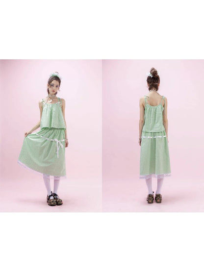 Green Lace Ribbon Loose Half Skirt