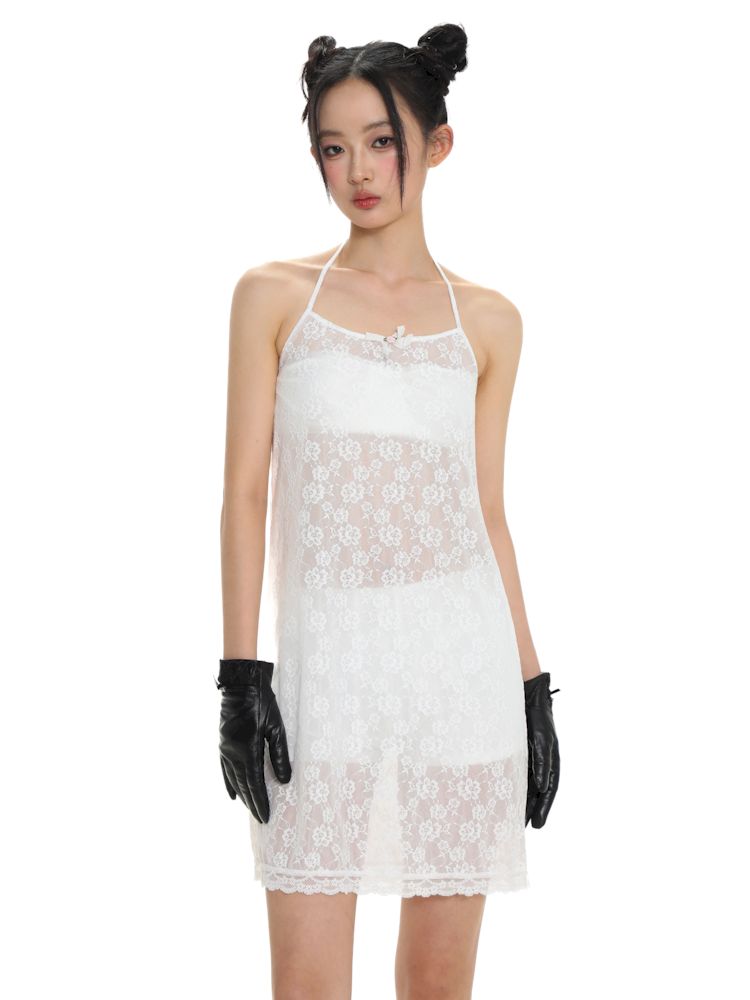 Lace bow thin white neck halter dress