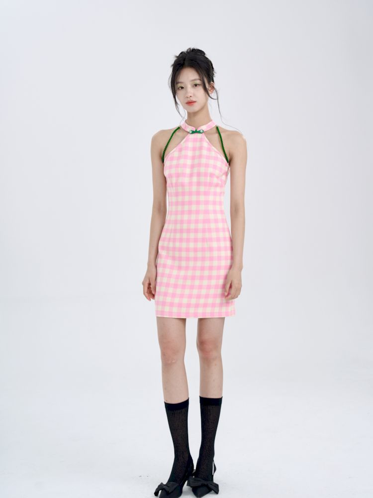 Pink Check Slim Short Dress