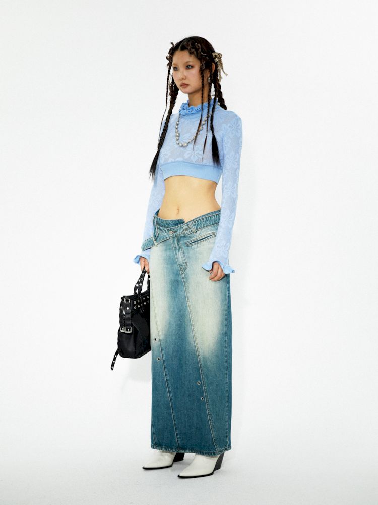 Washed denim slimming straight long half skirt