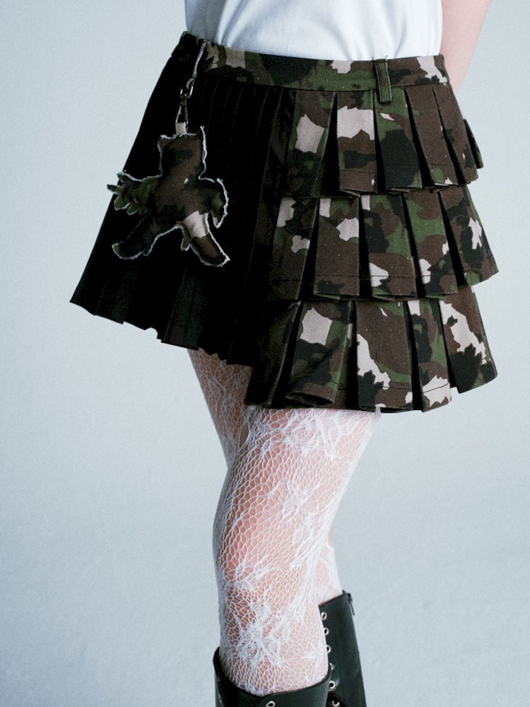 Patchwork Camouflage Pleated Skirt