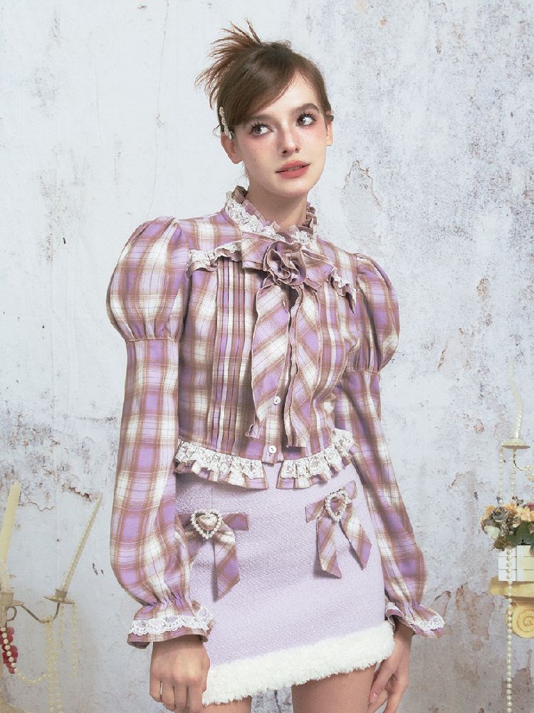 Purple Plaid Bow Lace Bubble Sleeve Blouse Top