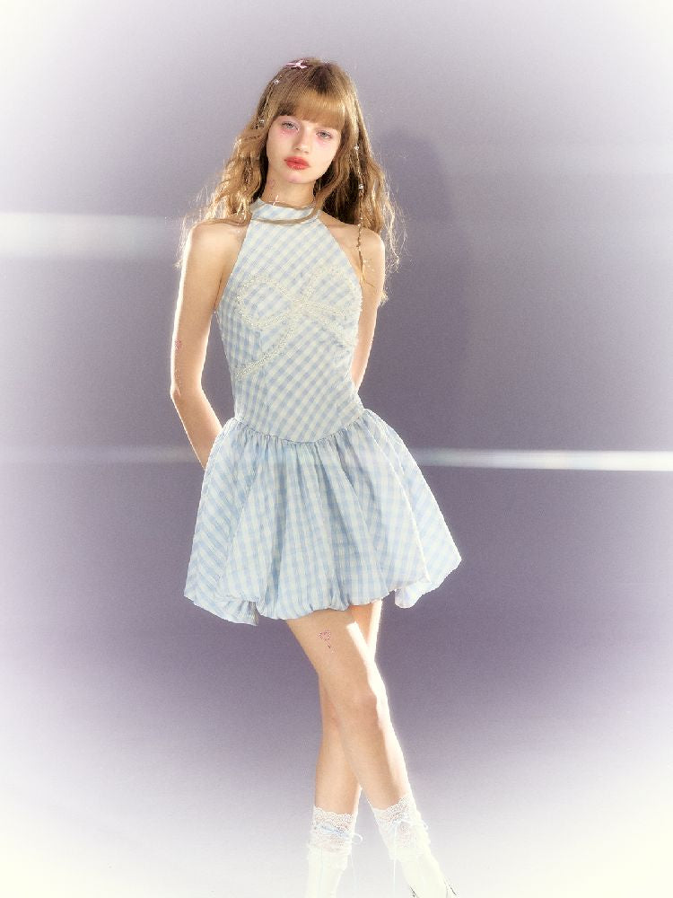 Plaid Pearl Bow Waisted Short Dress