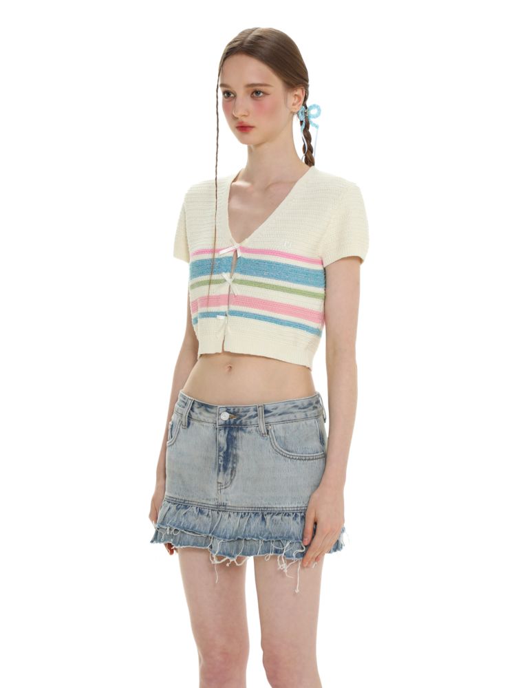 Stripe texture feeling bow short sleeve V-neck knit tops