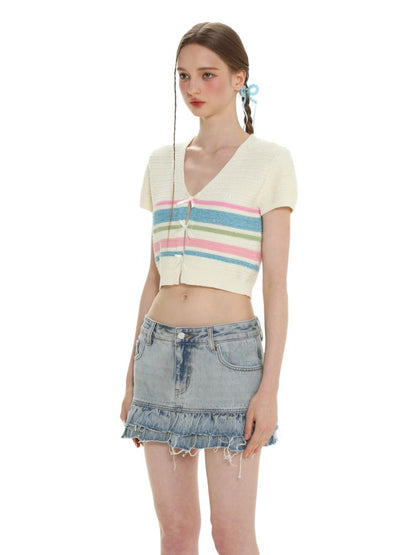 Stripe texture feeling bow short sleeve V-neck knit tops