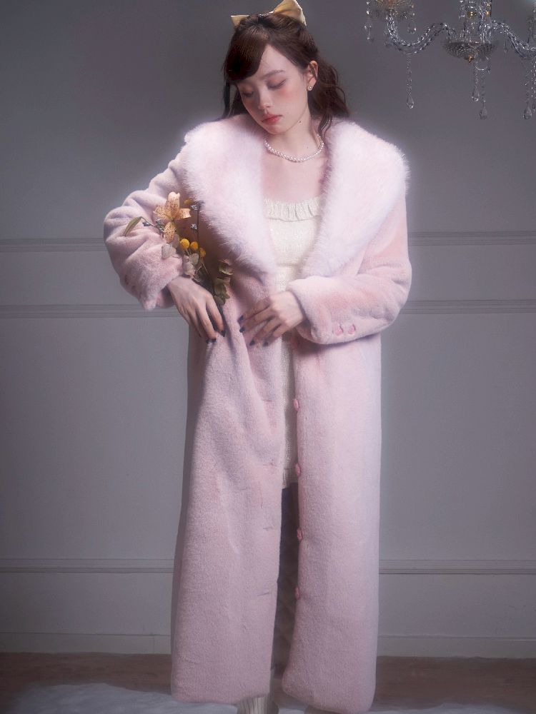 Pink Gradient Fur Collar Fur Coat