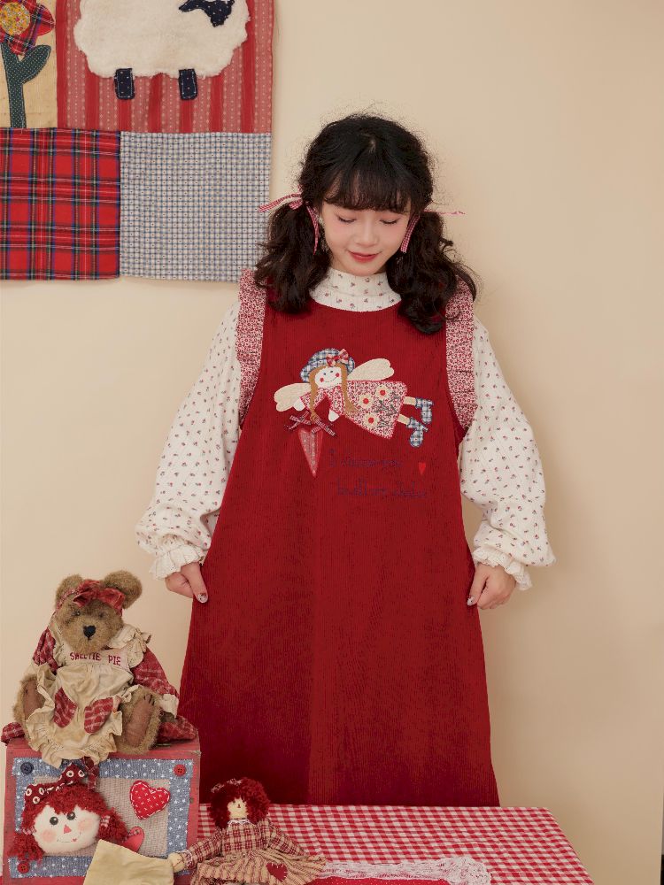 Lace Corduroy Red Vest Dress