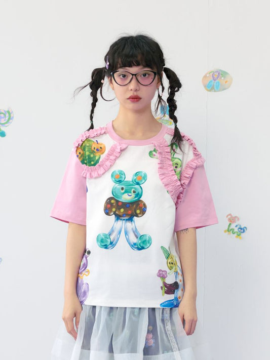 Candy print frilly lace cotton T-shirt