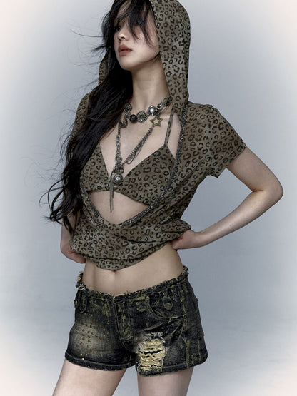 Metallic Leopard Mesh Hooded Hottie Short Sleeve T-Shirt